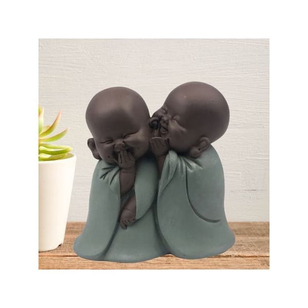 Statuett 2 Bonzes i resin som viskar - Brun och Grön - H 12 cm