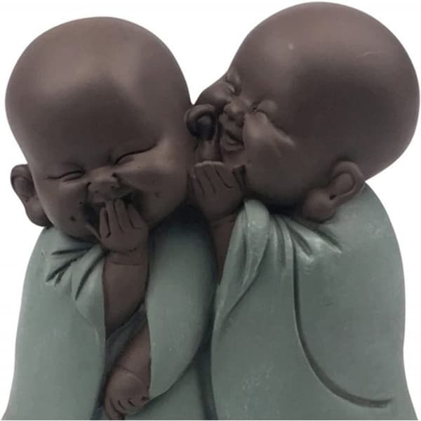 Statuett 2 Bonzes i resin som viskar - Brun och Grön - H 12 cm