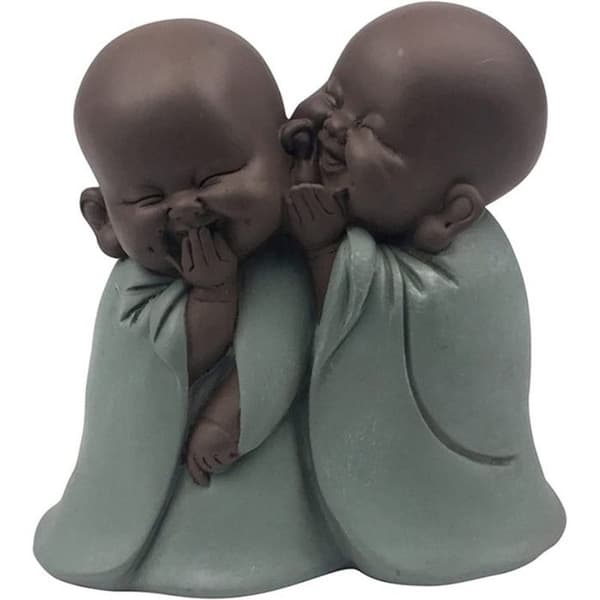 Statuett 2 Bonzes i resin som viskar - Brun och Grön - H 12 cm