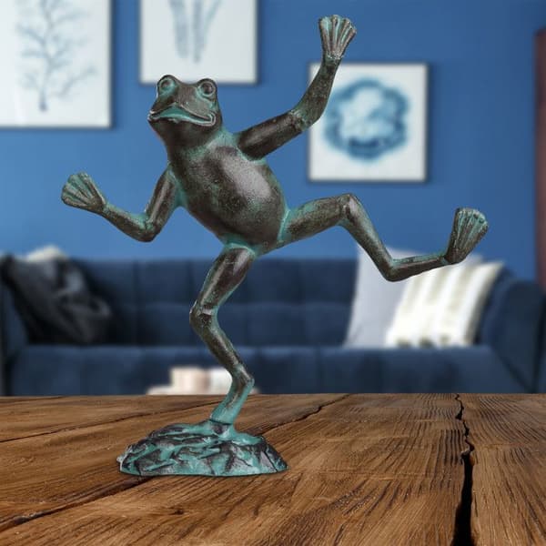 Relaxdays Trädgårdsstaty Dansande groda på en gjutjärnsfot Skulptur Dekorativ trädgårdsfigur, storlek L Grön