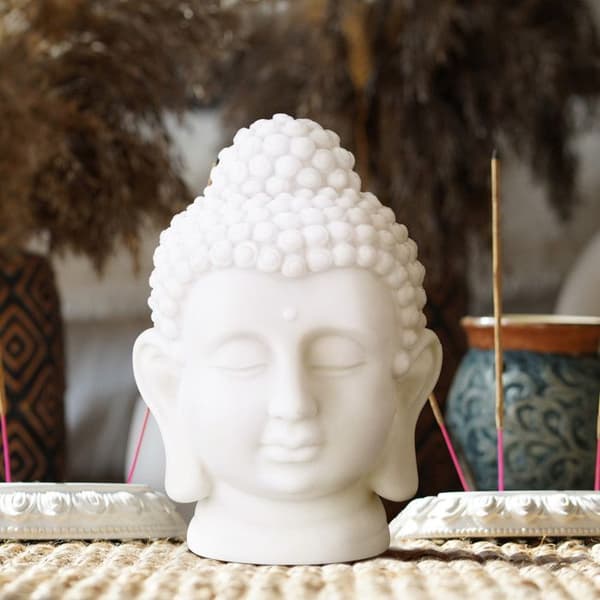 Relaxdays buddha huvud, plaststatyett, HxlxB: 17x12x10 cm, feng shui dekoration, för vardagsrum, badrum, vit