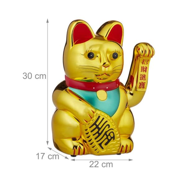 Relaxdays japansk chat, Maneki Neko XL, rörlig tass drivs av batterier, lyckobringare för rikedom/framgång, 30cm, gyllene