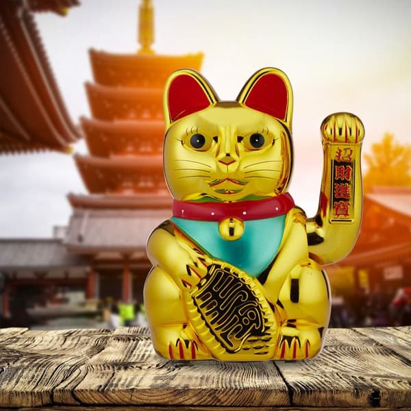 Relaxdays japansk chat, Maneki Neko XL, rörlig tass drivs av batterier, lyckobringare för rikedom/framgång, 30cm, gyllene