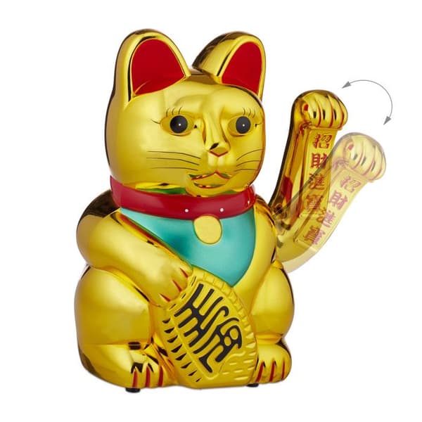 Relaxdays japansk chat, Maneki Neko XL, rörlig tass drivs av batterier, lyckobringare för rikedom/framgång, 30cm, gyllene