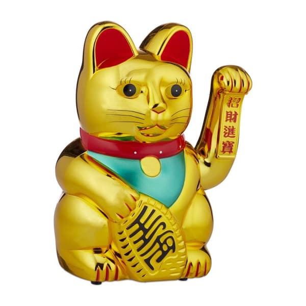 Relaxdays japansk chat, Maneki Neko XL, rörlig tass drivs av batterier, lyckobringare för rikedom/framgång, 30cm, gyllene