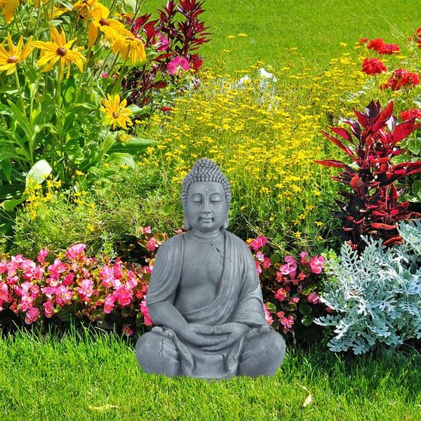 Relaxdays Buddha-statyn figurine av Buddha trädgårdsdekoration skulptur i polyresin Zen 70 cm, ljusgrå