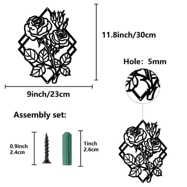 Rose Metallväggkonst, Svart Väghängande Dekoration, Jernväggskonst Diamant Silhuett Skulptur, Högt formgivet Minimalistiskt Omslag för Yoga, Trädgård,