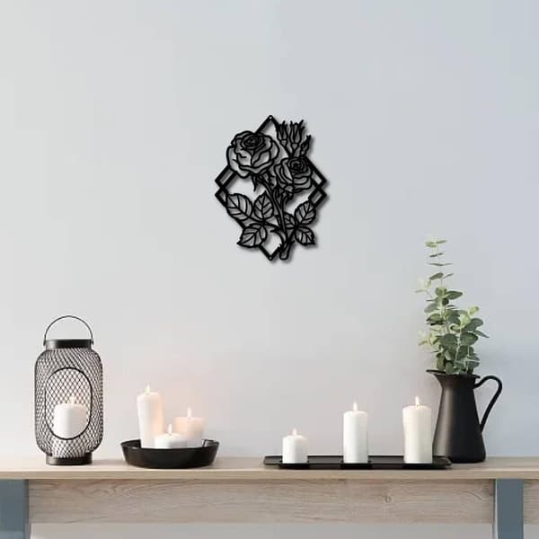 Rose Metallväggkonst, Svart Väghängande Dekoration, Jernväggskonst Diamant Silhuett Skulptur, Högt formgivet Minimalistiskt Omslag för Yoga, Trädgård,