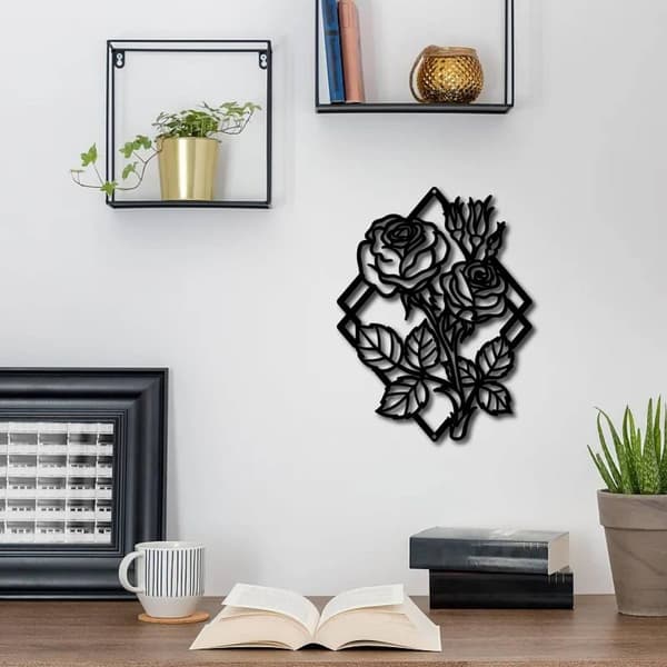 Rose Metallväggkonst, Svart Väghängande Dekoration, Jernväggskonst Diamant Silhuett Skulptur, Högt formgivet Minimalistiskt Omslag för Yoga, Trädgård,