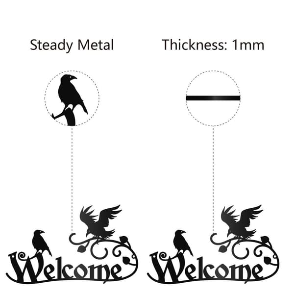 Bomclap Metal Tervetuloa Seinätaide – Crows Black! Varikset oksalla, roikkuva tervetulokyltti. Etuovi, pylväs, salonki, puutarha. Ulkona sisustus