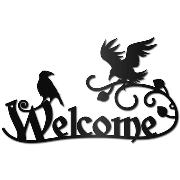 Bomclap Metal Tervetuloa Seinätaide – Crows Black! Varikset oksalla, roikkuva tervetulokyltti. Etuovi, pylväs, salonki, puutarha. Ulkona sisustus