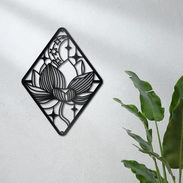 Bomclap Black Metal Lotus Wall Decor – Hole Cut Lotus! Moon Mandala -veistos, riippuva koriste. Meditoi, Makuuhuone, Keittiö, Puutarha, Hotelli
