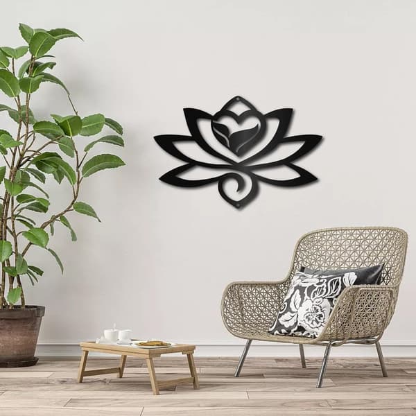 Bomclap Lotus Metalli Seinäkoru – Musta Pendidyt Raudaseenäsivu! Silhuetti, Tyhjätty Minimalistinen Ornamnet. Yogi-Puutarha, Koti, Balkoni