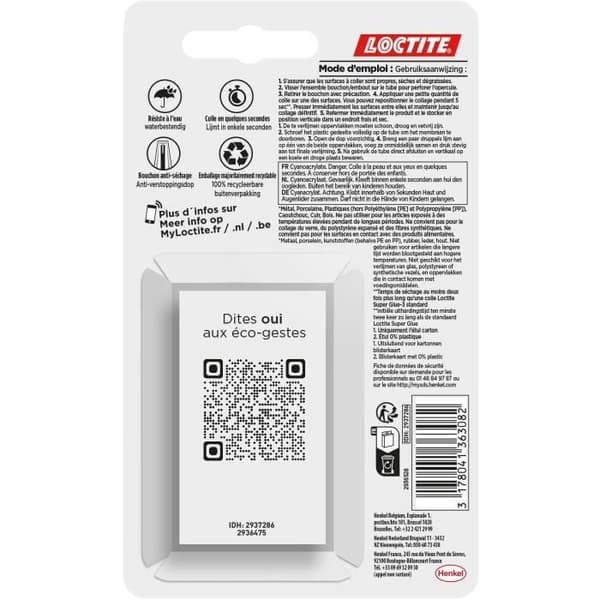 Cyanoakrylatlim - LOCTITE - SUPERGLUE-3 - Repositionable - Gel 3g - Set med 2 blister - Box 12uc