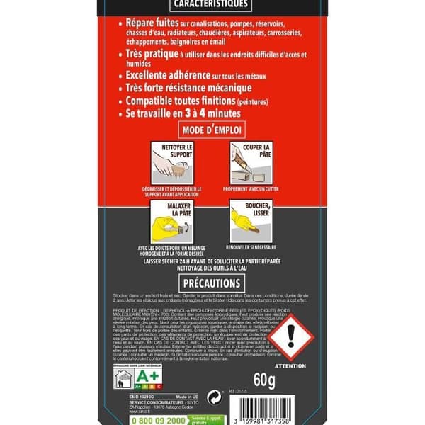 Epoxylim - SINTOFER - Snabb reparation - 60 g - Vattentålig - Ultra snabb härdning