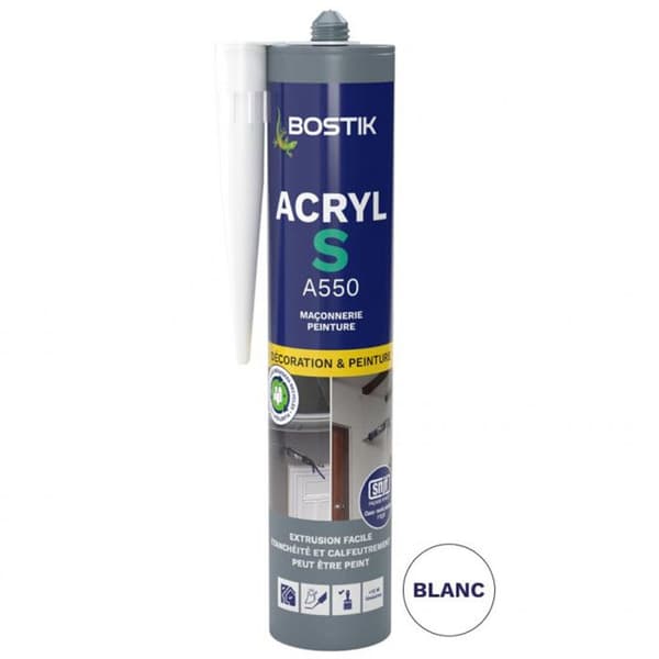 Akrylspackel - BOSTIK - ACRYL S - Grå - 310 ml - Interiör/Exteriör - Målningsbar