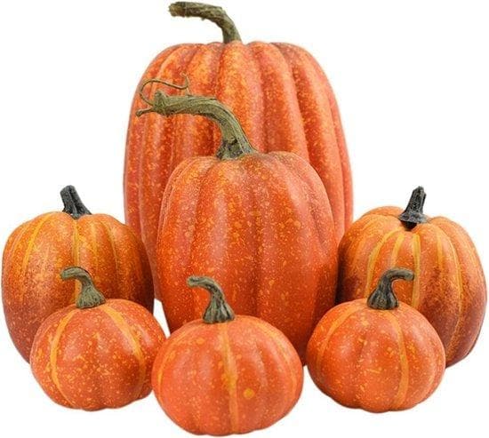 Halloween Pumpkins | Uppsättning av 7 | Orange | Dekorationspumpor Halloween -dekoration | Olika dimensioner Höstpumpa