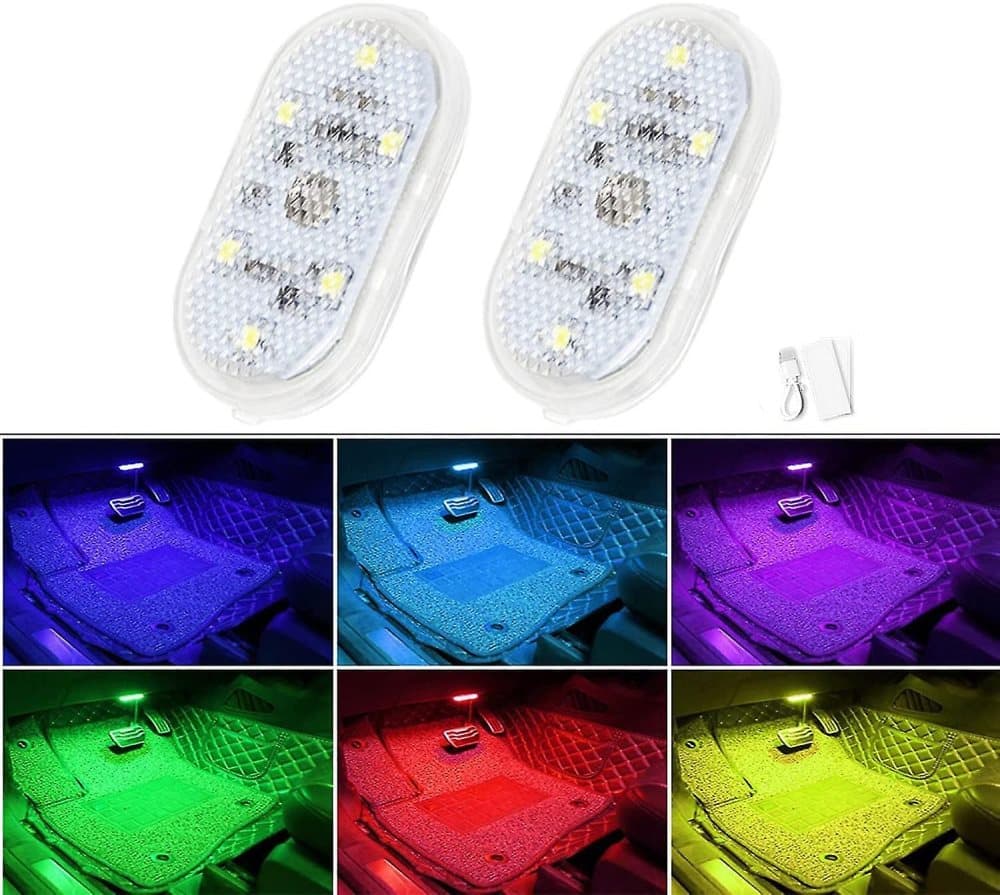 2 Pcs Car Led Lights Interior, 7 Colors Led Interior Car Lights With 6 Bright Led Lamp Beads, , Usb Rechargeable Lighting Light (7 Colored Lights) Xq-