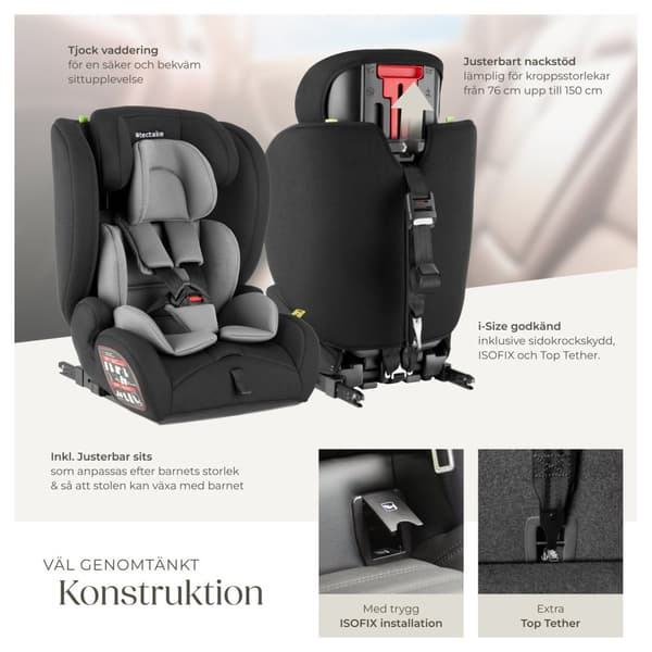 Bilbarnstol Emely, 5-punktsbälte, i-Size godkänd, med ISOFIX - mörkgrå/svart