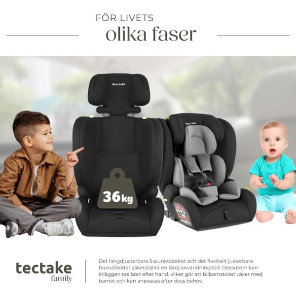 Bilbarnstol Emely, 5-punktsbälte, i-Size godkänd, med ISOFIX - mörkgrå/svart