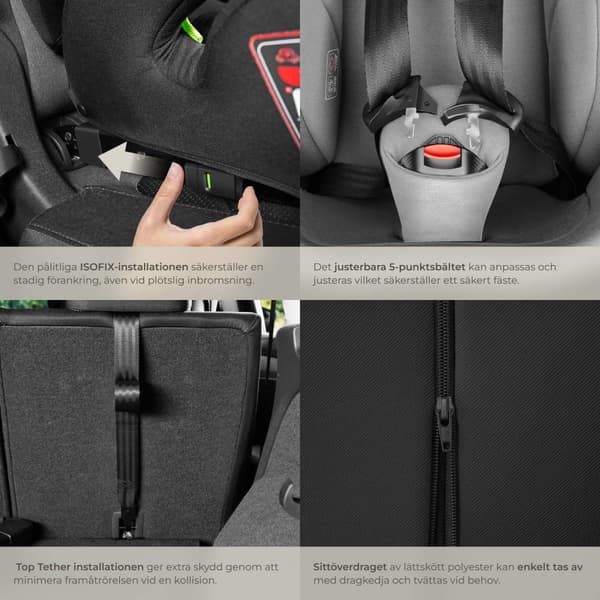 Bilbarnstol Emely, 5-punktsbälte, i-Size godkänd, med ISOFIX - mörkgrå/svart