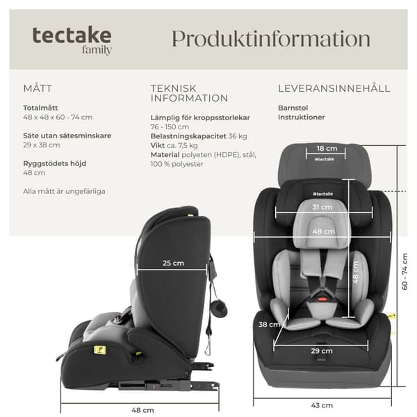 Bilbarnstol Emely, 5-punktsbälte, i-Size godkänd, med ISOFIX - mörkgrå/svart