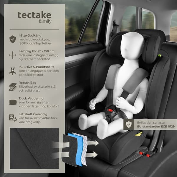 Bilbarnstol Emely, 5-punktsbälte, i-Size godkänd, med ISOFIX - mörkgrå/svart