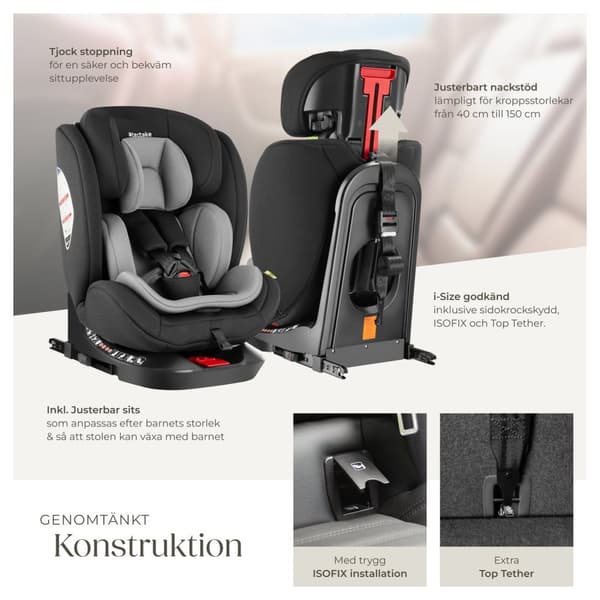 Roterbar bilbarnstol Linus, i-Size godkänd, ISOFIX - ljusgrå/svart