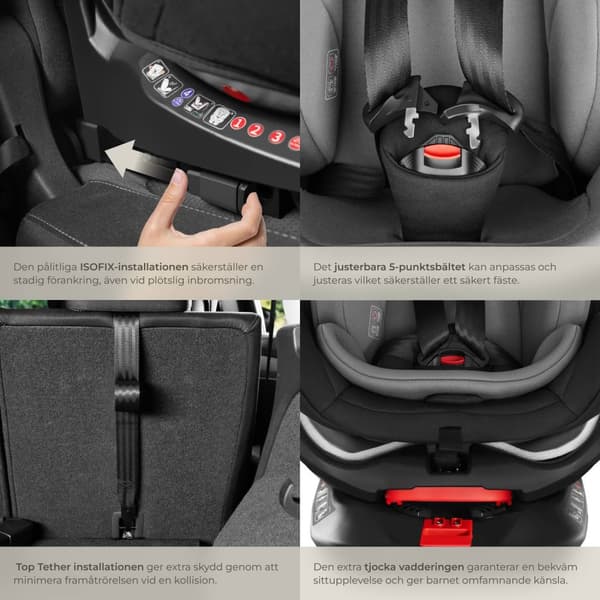 Roterbar bilbarnstol Linus, i-Size godkänd, ISOFIX - ljusgrå/svart