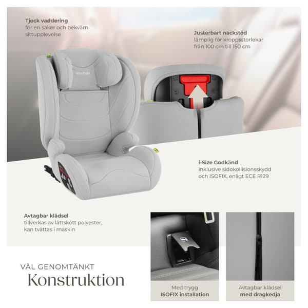 Bilbarnstol Levi, i-Size-godkänd, med ISOFIX - ljusgrå