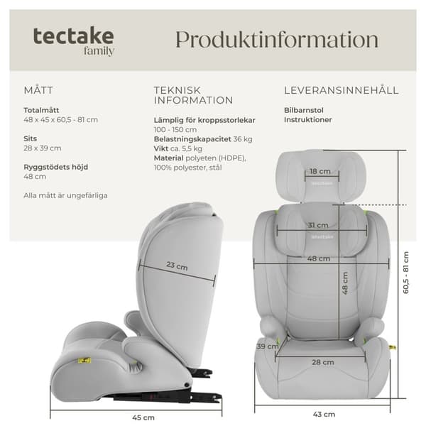 Bilbarnstol Levi, i-Size-godkänd, med ISOFIX - ljusgrå