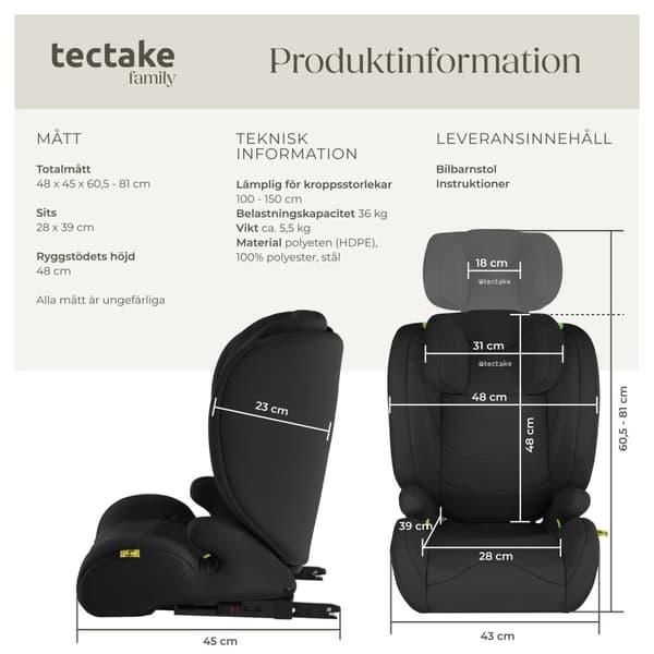 Bilbarnstol Levi, i-Size-godkänd, med ISOFIX - svart