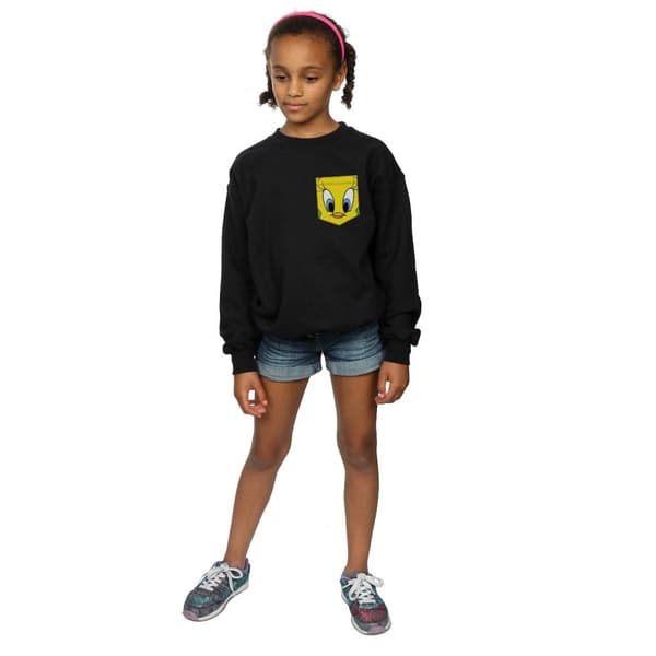 Looney Tunes Girls Tweety Pie Face Faux Pocket Sweatshirt