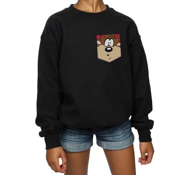 Looney Tunes Girls Tasmanian Devil Face Faux Pocket Sweatshirt