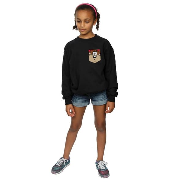 Looney Tunes Girls Tasmanian Devil Face Faux Pocket Sweatshirt