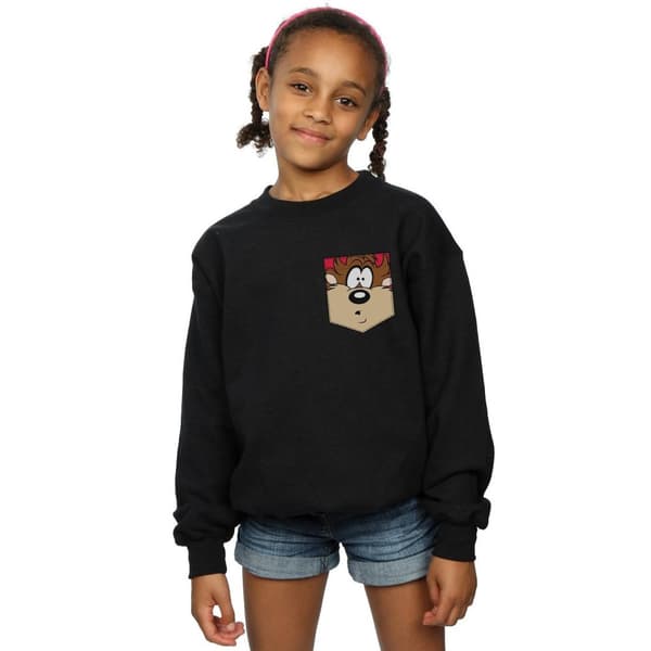 Looney Tunes Girls Tasmanian Devil Face Faux Pocket Sweatshirt