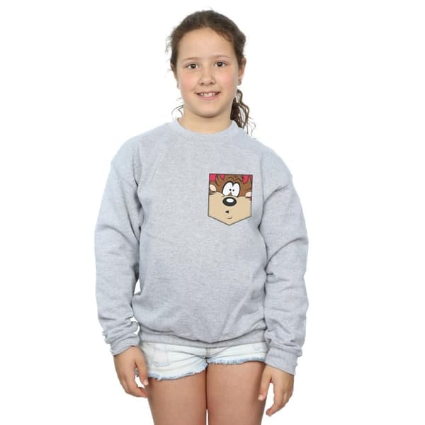 Looney Tunes Girls Tasmanian Devil Face Faux Pocket Sweatshirt