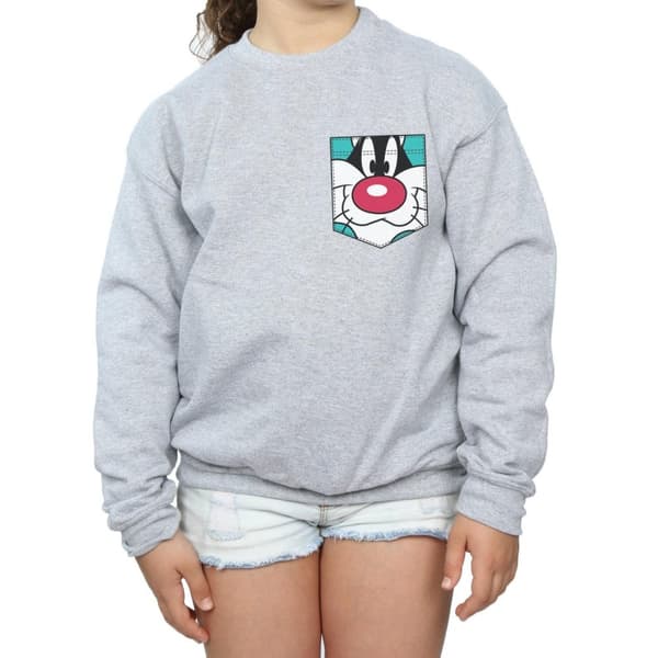 Looney Tunes Girls Sylvester Face Faux Pocket Sweatshirt