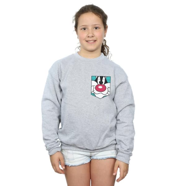 Looney Tunes Girls Sylvester Face Faux Pocket Sweatshirt