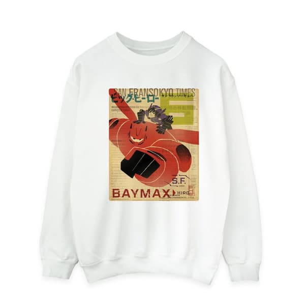 Disney Mens Big Hero 6 Baymax Flying Baymax Newspaper Sweatshirt White 5XL