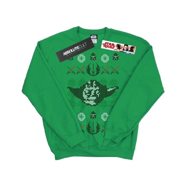 Star Wars Mens Christmas Yoda Head Fair Isle Sweatshirt Irish Green L