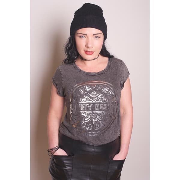 The Beatles Ladies Acid Wash T-Shirt: Sgt Pepper Drum (X-Small)