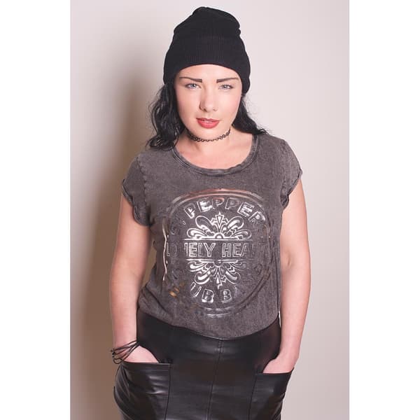 The Beatles Ladies Acid Wash T-Shirt: Sgt Pepper Drum (X-Small)