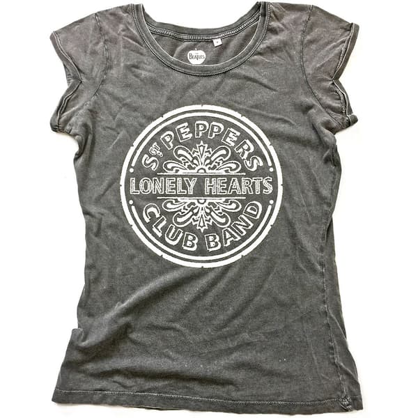 The Beatles Ladies Acid Wash T-Shirt: Sgt Pepper Drum (Caviar Beads) (Medium)