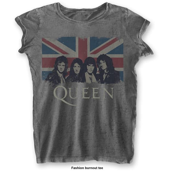 Queen Ladies Burn Out T-Shirt: Vintage Union Jack (Small)