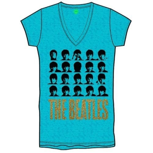 The Beatles Ladies Fashion Tee: Hard Days Night Faces (Burn Out/Glitter Print) (Medium)