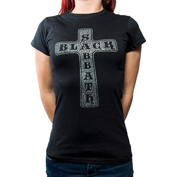 Black Sabbath Ladies Diamante T-Shirt: Cross (Medium)