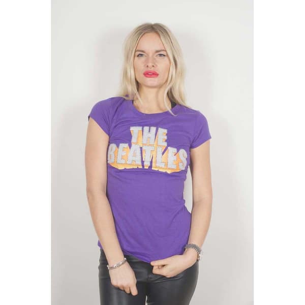 The Beatles Ladies Diamante T-Shirt: 3D Logo (Small)