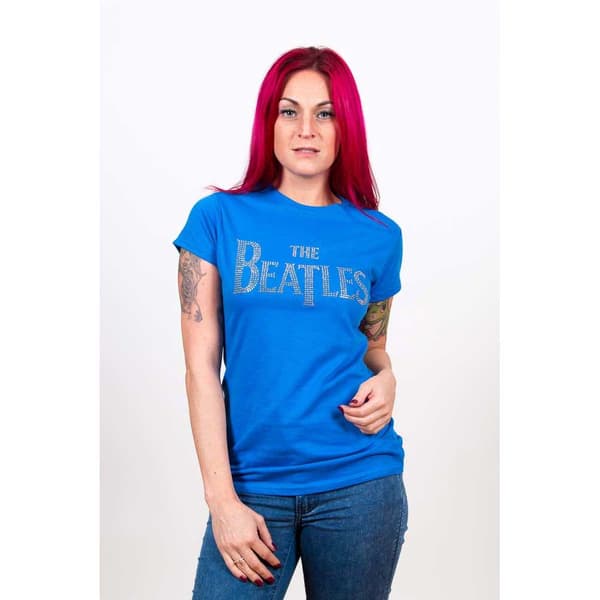The Beatles Ladies Diamante T-Shirt: Drop T Logo (Small)