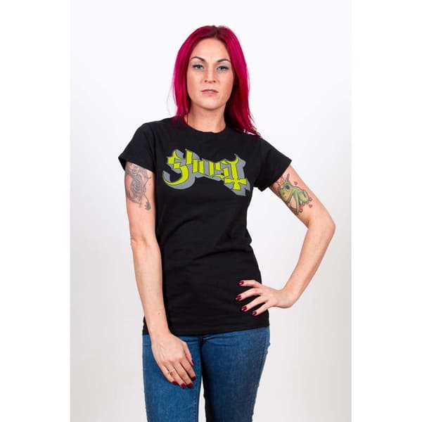 Ghost Ladies T-Shirt: Green/Grey Keyline Logo (Skinny Fit) (Small)